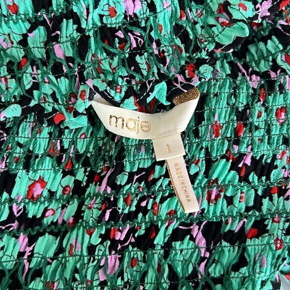 MAJE 'Lafine' Off-the-Shoulder Green Floral-Print Smocked Top Size 1/ US S - Picture 4 of 8